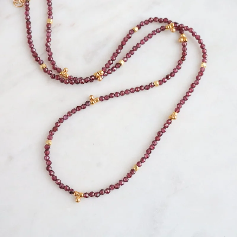 women's necklaces with simple heart pendant -Red Garnet Tiny Gold Ball Charms Necklace