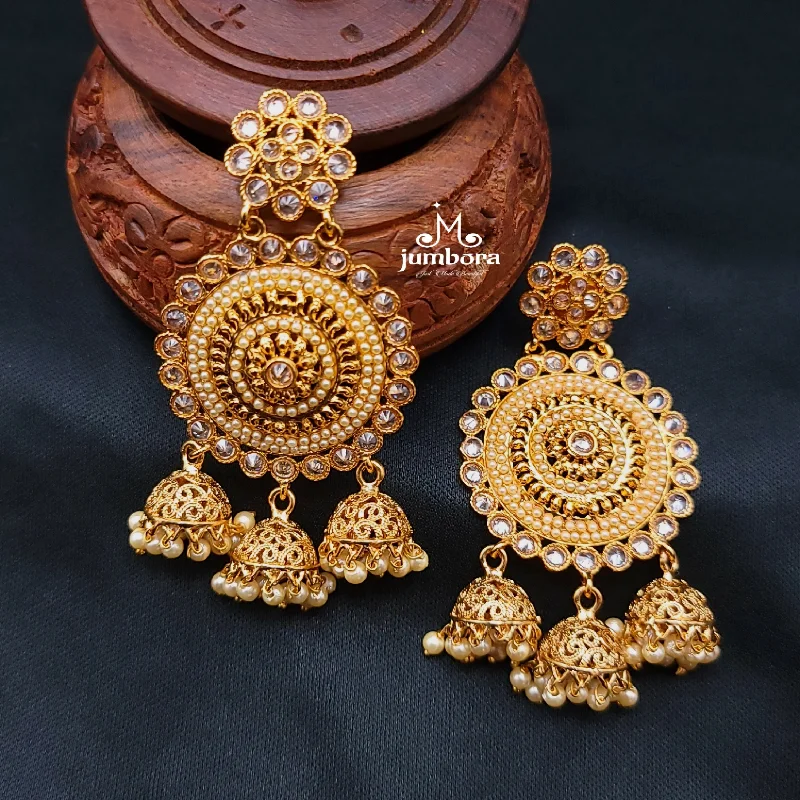 women's earrings with hammered finish -Antique Gold LCD Champagne AD stones Pearl Jhumka Earrings