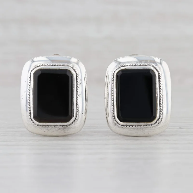 women's earrings with fancy hoop design -New Onyx Clip On Statement Earrings Sterling Silver Non Pierced Solitaire