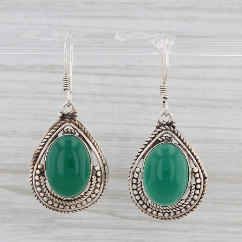 women's earrings with custom design -Vintage Green Chalcedony Teardrop Dangle Earrings Sterling Silver Hook Posts