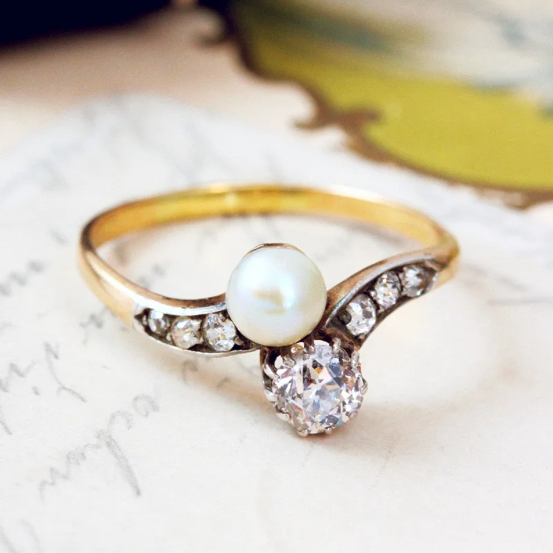 women's engagement rings with infinity symbol -Beauteous Antique Pearl and Diamond Crossover Ring