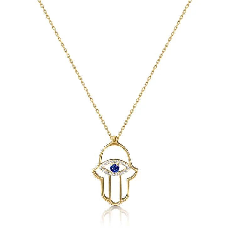 women's necklaces with layered look -Hamsa Outline Necklace with CZ Evil Eye - Gold Plated