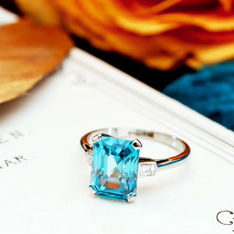 women's engagement rings with gemstone halo -Vintage Blue Zircon & Diamond Platinum Ring