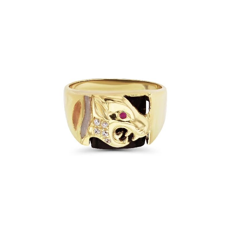 women's rings with delicate setting -Tricolor Red Eye Black Onyx Panther Head Ring (14K)