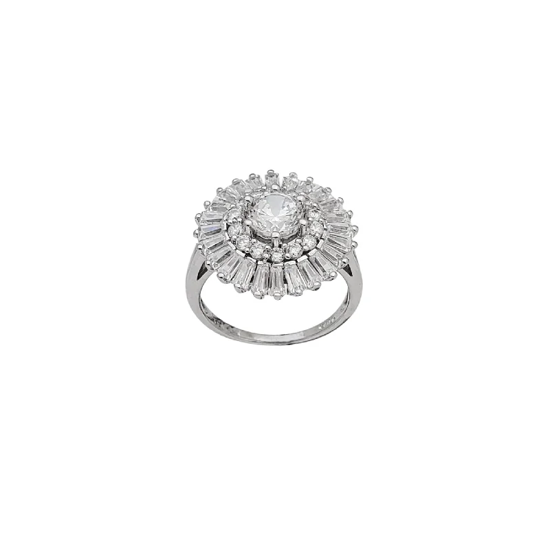 women's rings with cubic zirconia -Zirconia Sunflower Baguettes & Round Lady Ring (Silver)