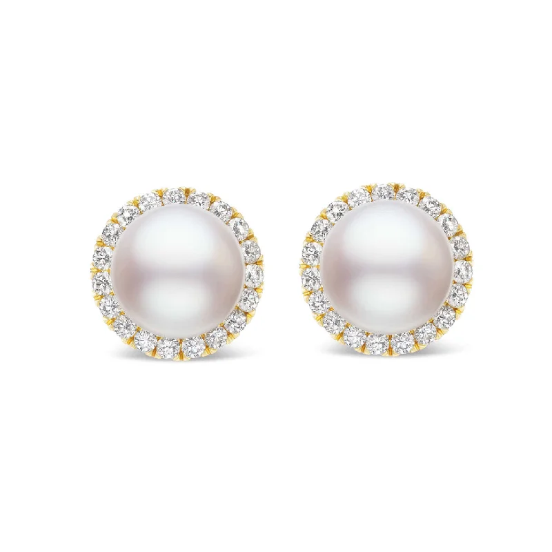 women's earrings with diamond accents -PEARL STUD EARRINGS WITH DIAMOND HALO