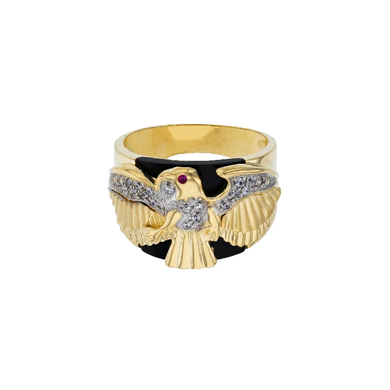 women's rings with hammered finish -Black Onyx Red-Eye Eagle Men's Ring (14K)