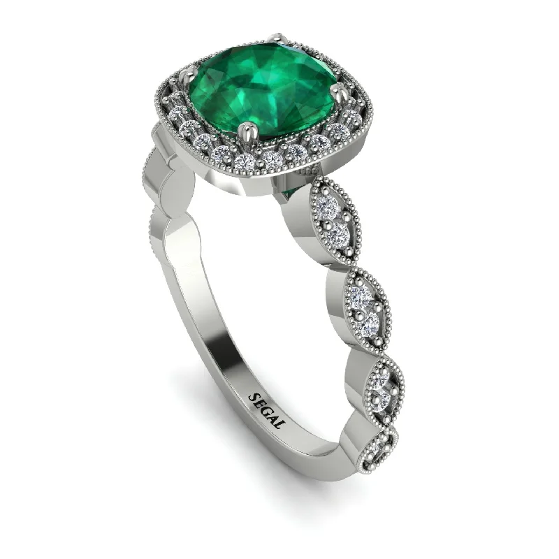 women's engagement rings with side stones -Vintage Inspired Emerald Halo Ring - Frances No. 6