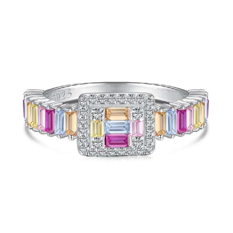 women's engagement rings with colorful gemstones -Sterling Silver Multicolor Baguette-Cut Gemstone and Diamond Halo Ring