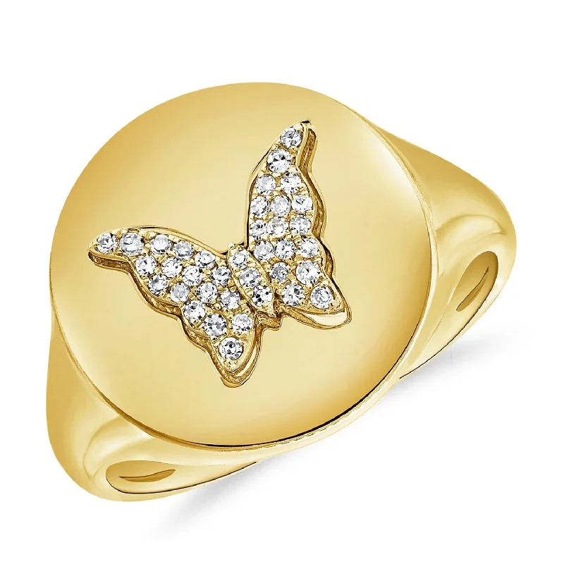 women's engagement rings with antique-inspired design -14k Gold & Diamond Butterfly Signet Ring