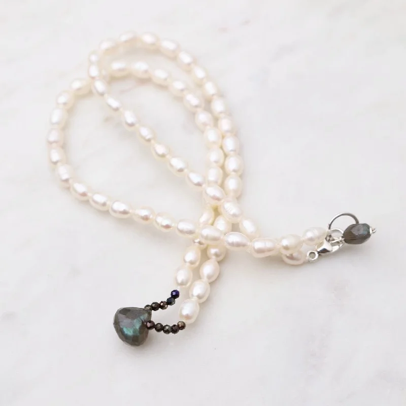 women's necklaces with long chain -White Pearl with Labradorite Drop Necklace