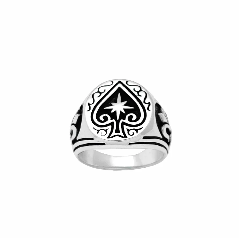 women's rings with emerald-cut stone -Antique-Finish Ace of Spade Filigree Signet Ring (Silver)