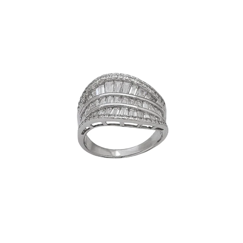 women's rings with aquamarine -Zirconia Round & Baguette Swirl Ring (Silver)