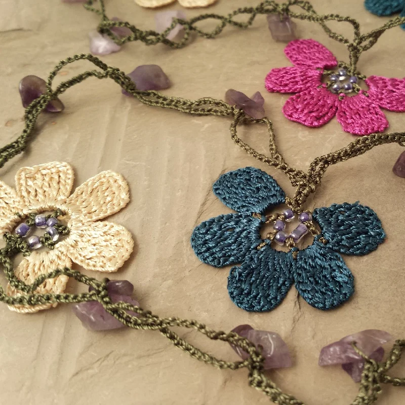 women's necklaces with romantic pendant -Pink, Yellow, & Teal Crocheted Lariat Necklace