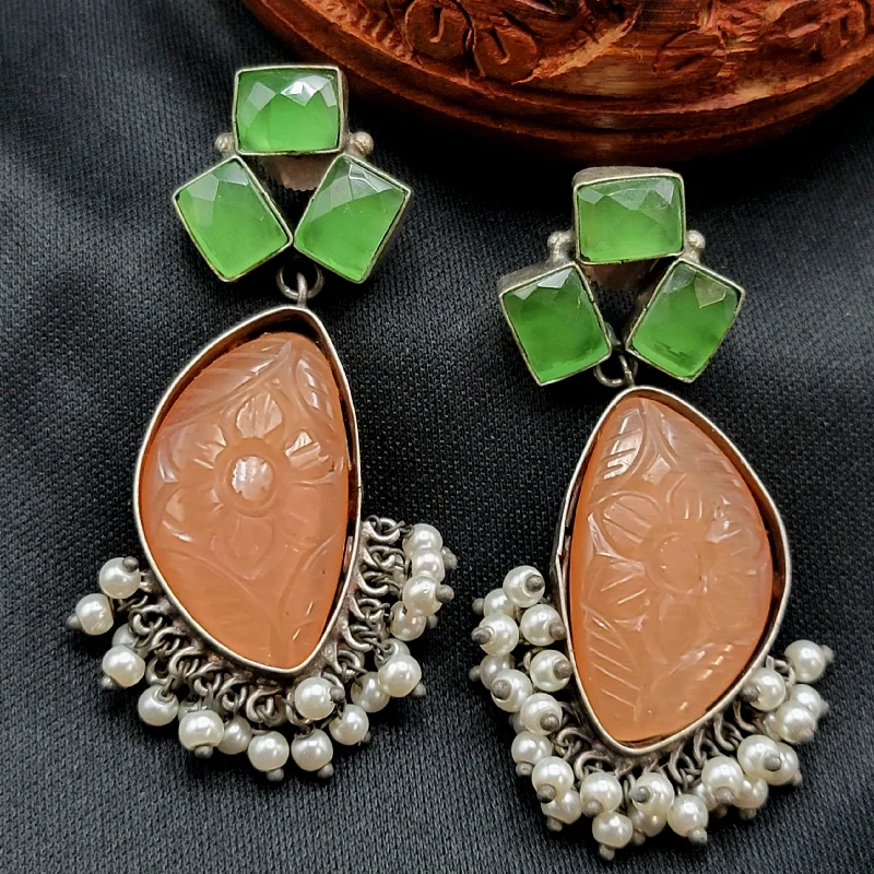 women's earrings with crystal studs -Green & Orange Carved Stone Oxidized German Silver Earrings