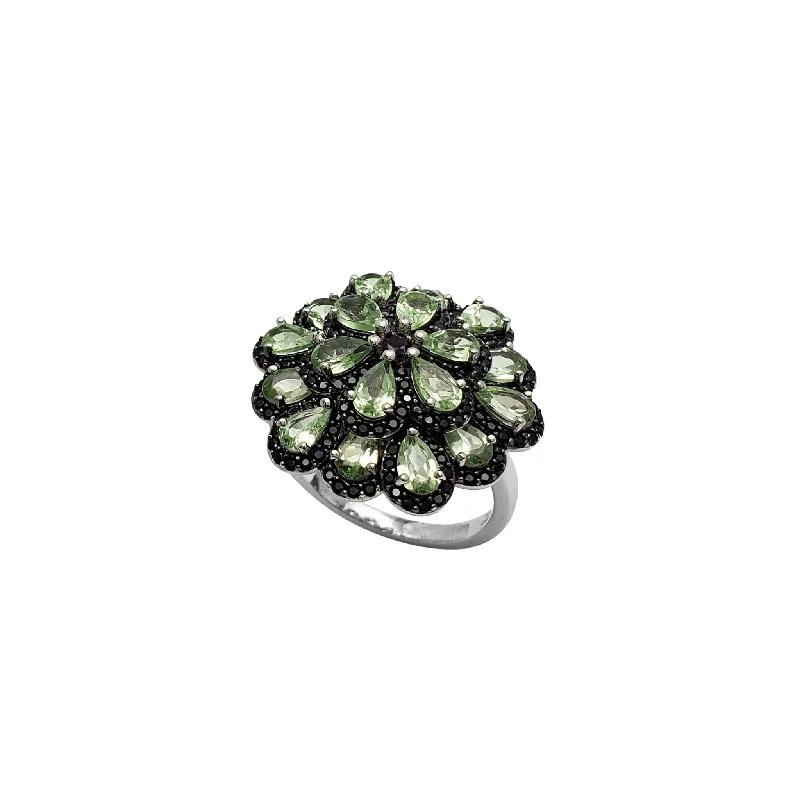 women's rings with floral design -Black Onyx Green Blossom Flower Ring (Silver)