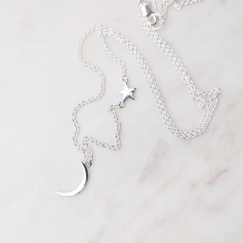 women's necklaces with pendant and chain -Moon & Star Necklace - Sterling Silver