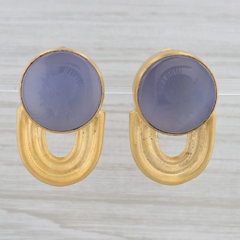 women's earrings with faceted gemstone -Mark Spirito Chalcedony Cameo Earrings Gold Plated Sterling Silver Clip On