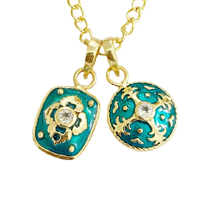 women's necklaces gold -Set of 2 Teal Enamel CZ Pendant Necklace