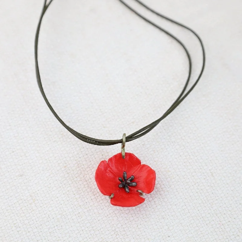 women's necklaces with floral design -Red Poppy Pendant on Cord Necklace