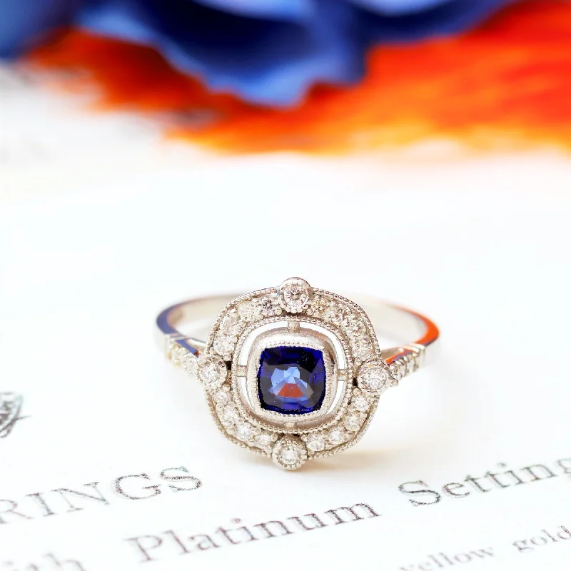 women's engagement rings with platinum setting -Striking Art Deco Style Sapphire & Diamond Cluster Ring