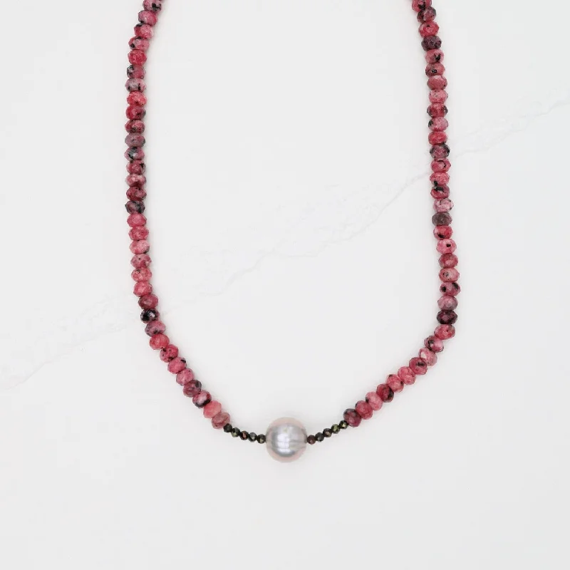 women's necklaces with dangling pendant -Rhodochrosite with Grey Pearl Necklace