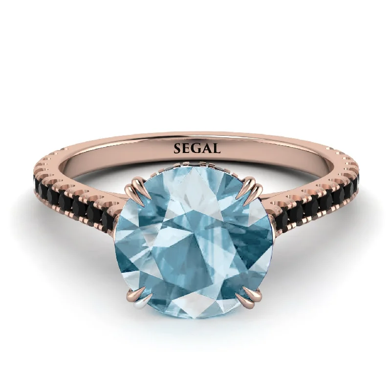 women's engagement rings with double halo -Hidden Diamond Double Cat Claw Prongs Aquamarine Ring - Hazel No. 408