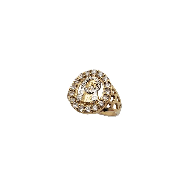 women's rings gold -Two-Tone Jesus CZ Ring (14K)