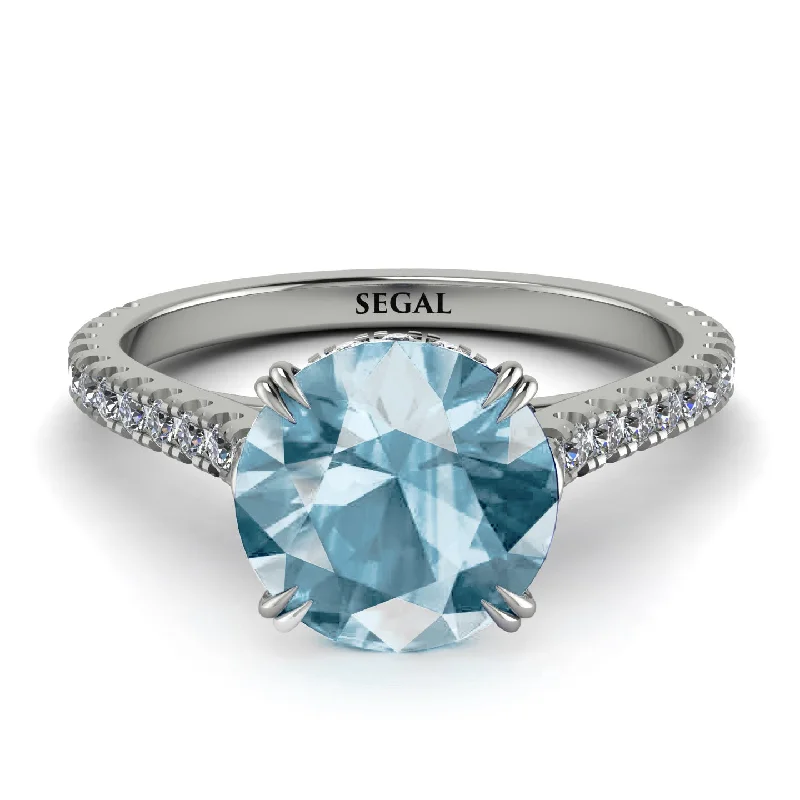 women's engagement rings with white gold -Hidden Diamond Double Cat Claw Prongs Aquamarine Ring - Hazel No. 403