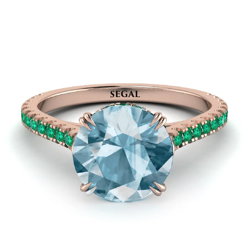 women's engagement rings with engraved band -Hidden Diamond Double Cat Claw Prongs Aquamarine Ring - Hazel No. 405