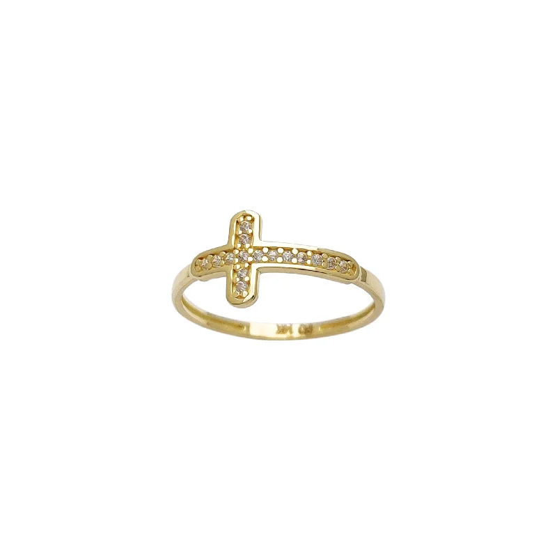 women's rings with yellow gold band -Pave Sideways Cross Ring (14K)