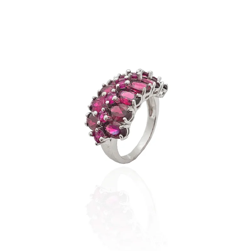 women's rings with geometric design -Cluster Oval Purple Stones CZ Ring (Silver).