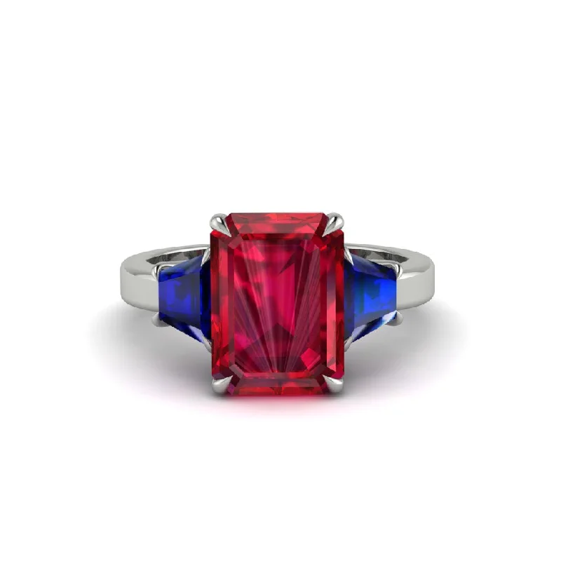 women's engagement rings with floral diamond setting -Ruby Emerald Cut Three Stone Ring With Custom Baguette - Yvette No. 72