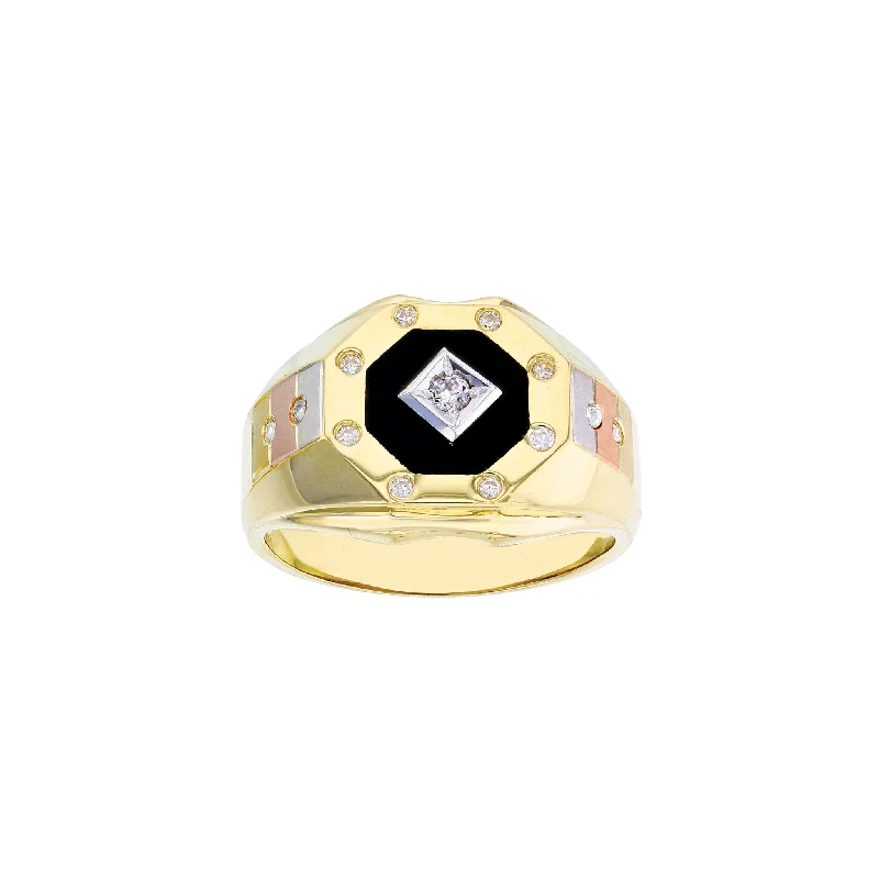 women's rings with twist band -Tri-Color Octagonal Black Onyx Men's Ring (14K)