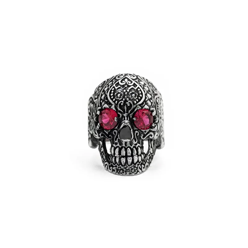 women's rings with emerald accent -Antique Finish Floral Crimson Eye Skull Ring (Silver)