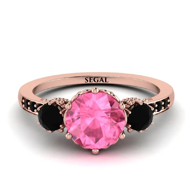 women's engagement rings with floral diamond setting -Vintage 3 Stones Pink Moissanite Ring With Micro Pave - Luna No. 808