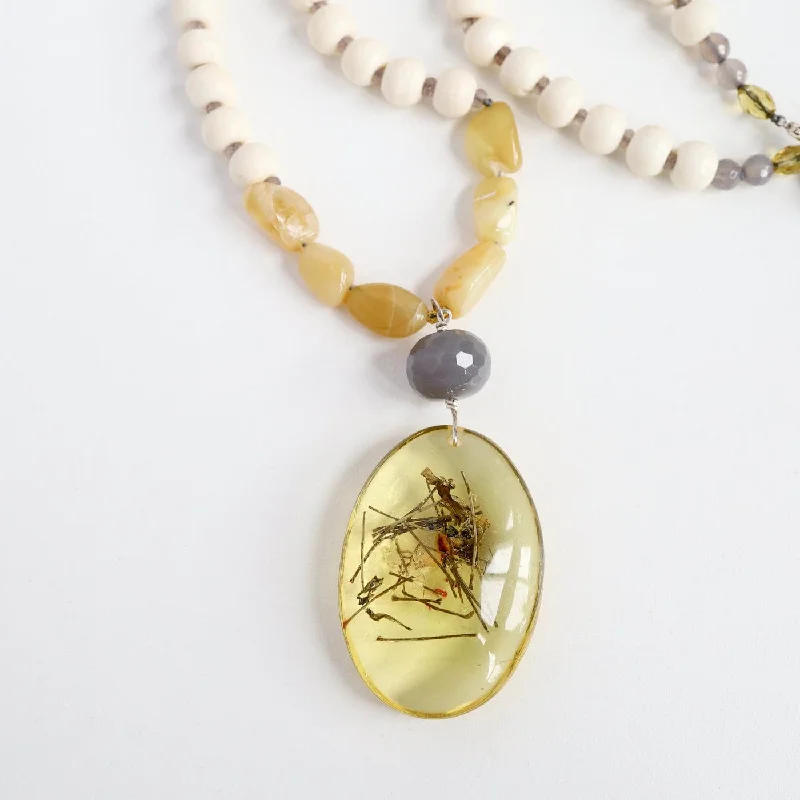 women's necklaces with long chain -Bone & Yellow Jade Necklace with Amber Pendant Necklace