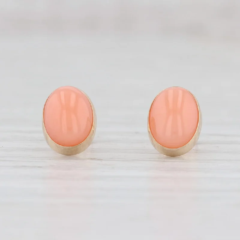 women's earrings with modern design -Vintage Pink Opal Stud Earrings 14k Yellow Gold Oval Studs October Birthstone