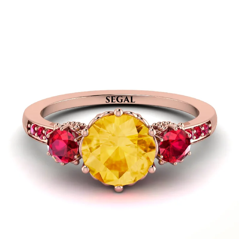 women's engagement rings with rose gold -Vintage 3 Stones Citrine Ring With Micro Pave - Luna No. 614