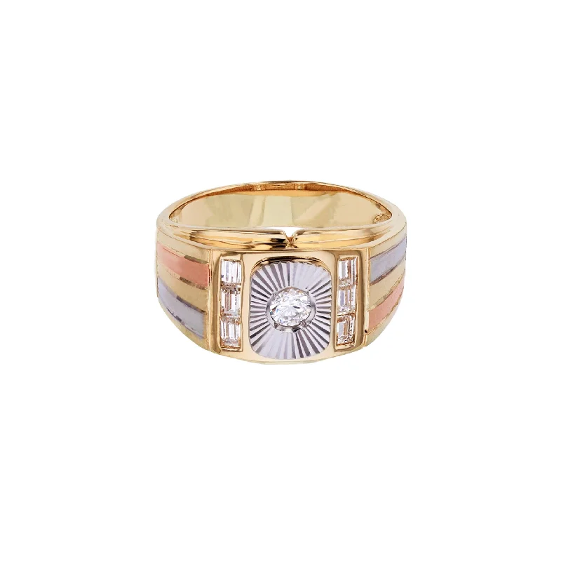 women's rings with gemstone -Tri-Color Baguettes Stones Side Men's Ring (14K)