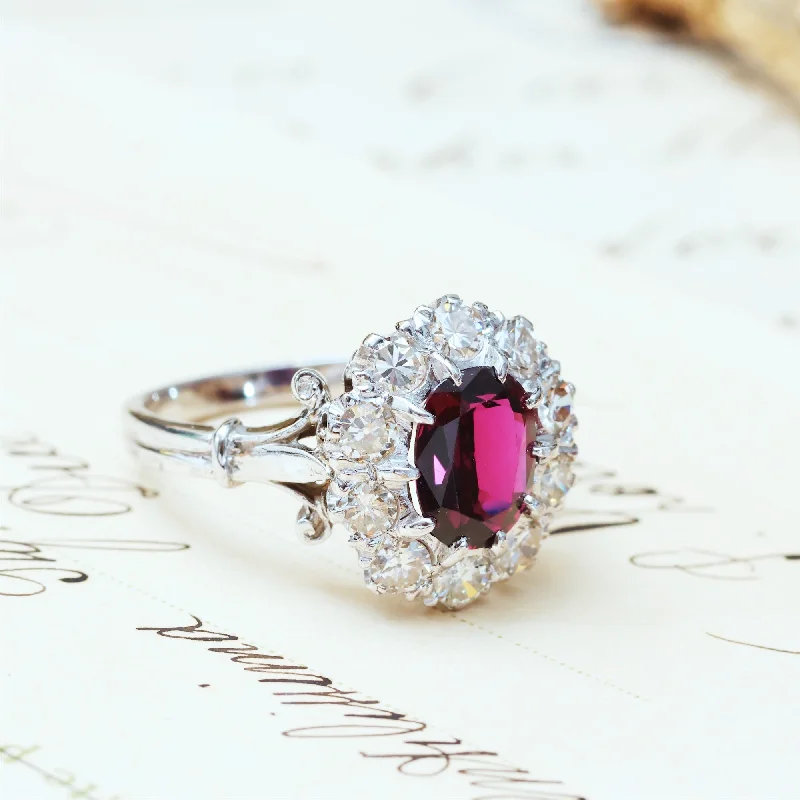 women's engagement rings with round halo -Extraordinary Vintage Deep Wine Ruby & Diamond Cluster Ring