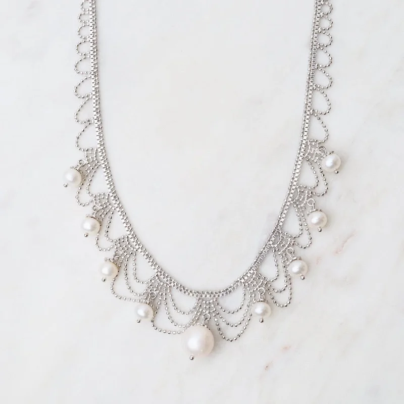 women's necklaces with minimal design -Graduated Draped Lacy Loops & 9 Pearls Necklace