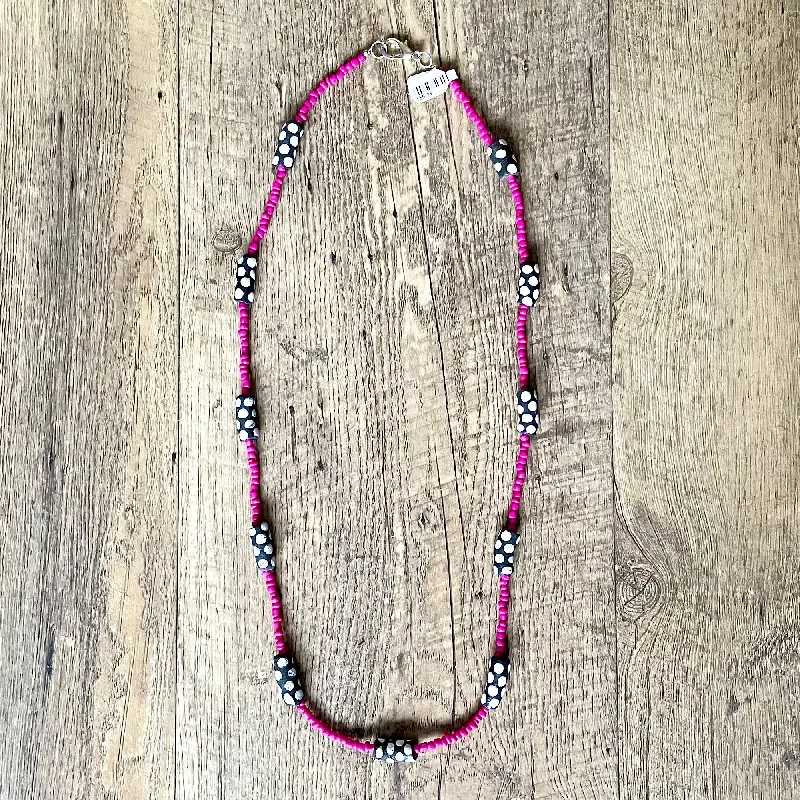 women's necklaces with opal accents -Handcrafted  Fuschia Bead Necklace with Krobo Glass Beads