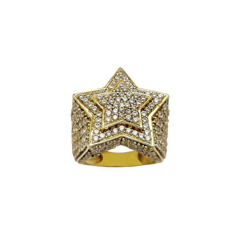 women's rings with yellow gold band -Iced-Out Double Star Ring (10K)