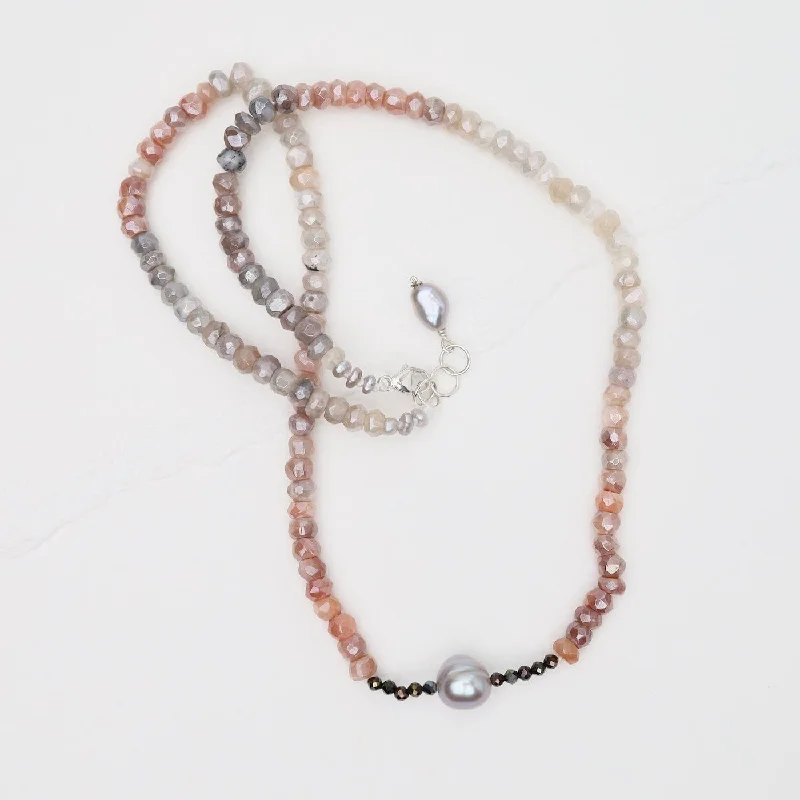 women's necklaces with bright sapphire -Moonstone with Grey Pearl Necklace