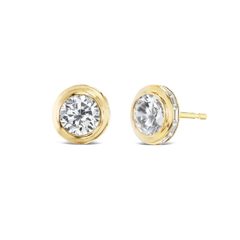 women's earrings gold -SHIELD BEZEL SET DIAMOND STUD EARRINGS WITH BAGUETTES