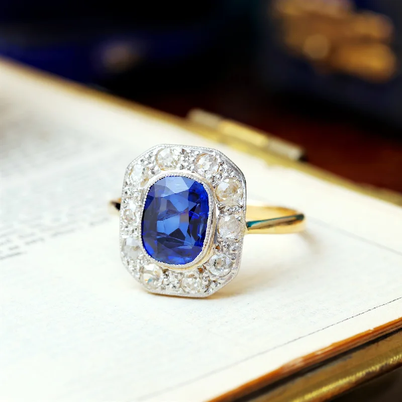 women's engagement rings with black diamond -Vintage Art Deco Sapphire & Diamond Cluster Ring