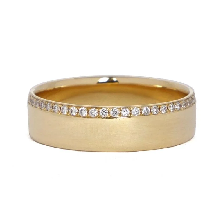 women's engagement rings with rose gold -Offset Pave Diamond Yellow Gold Band