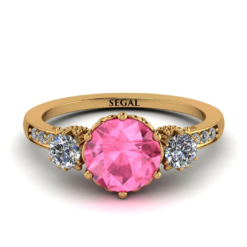 women's engagement rings with gemstone -Vintage 3 Stones Pink Moissanite Ring With Micro Pave - Luna No. 801