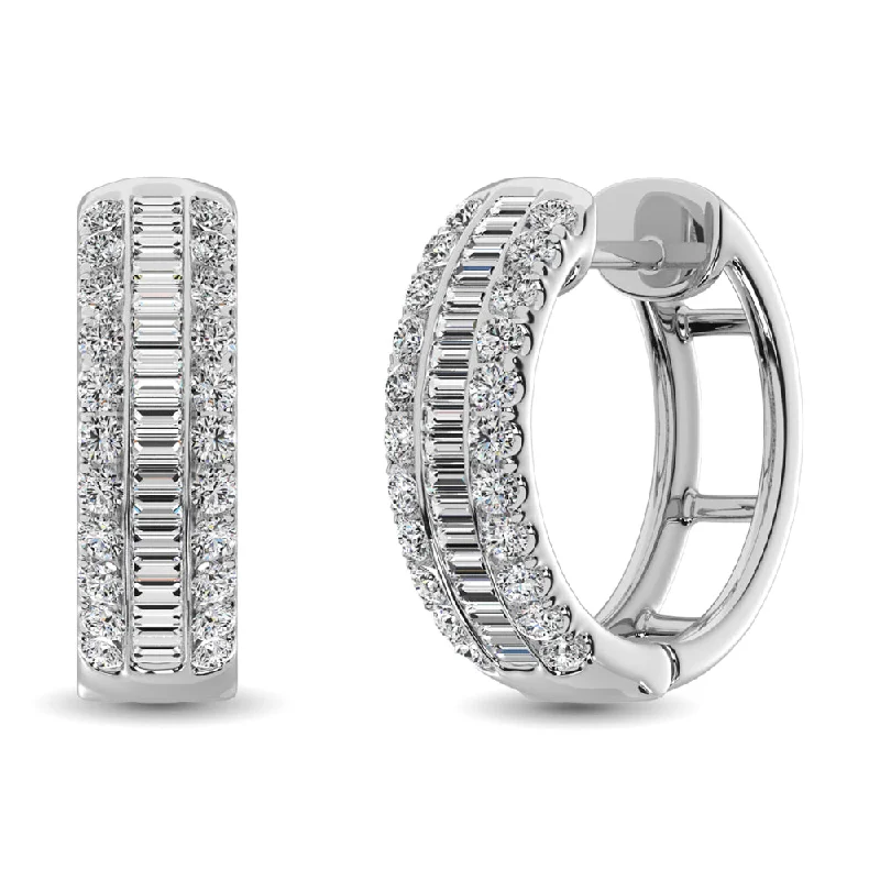 women's earrings with soft glow -14K White Gold Round and Baguette Diamond 1/2 Ct.Tw. Hoop Earrings